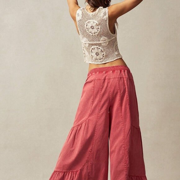 Red Boho Women's Wide Leg Low Waist Loose Pants - Picture 7 of 7
